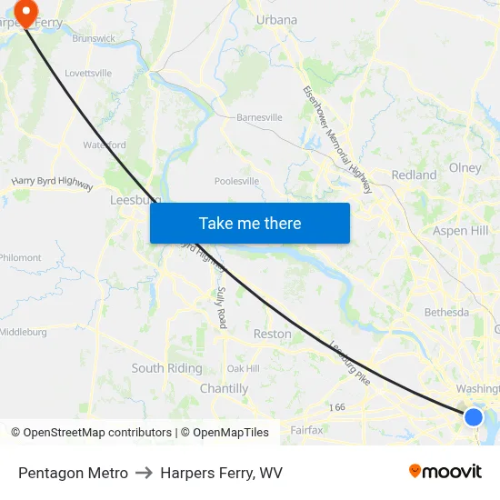 Pentagon Metro to Harpers Ferry, WV map