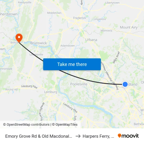 Emory Grove Rd & Old Macdonald Rd to Harpers Ferry, WV map