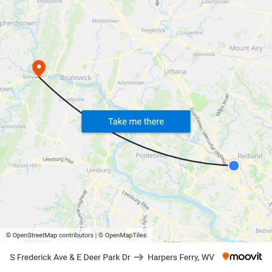 S Frederick Ave & E Deer Park Dr to Harpers Ferry, WV map