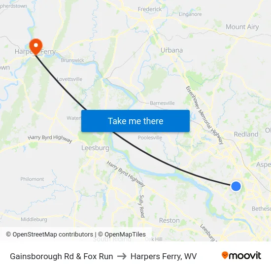 Gainsborough Rd & Fox Run to Harpers Ferry, WV map