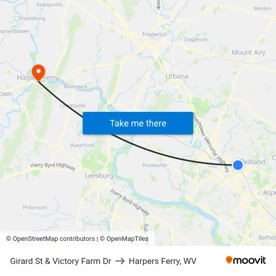 Girard St & Victory Farm Dr to Harpers Ferry, WV map