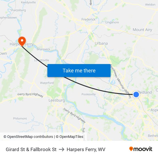 Girard St & Fallbrook St to Harpers Ferry, WV map