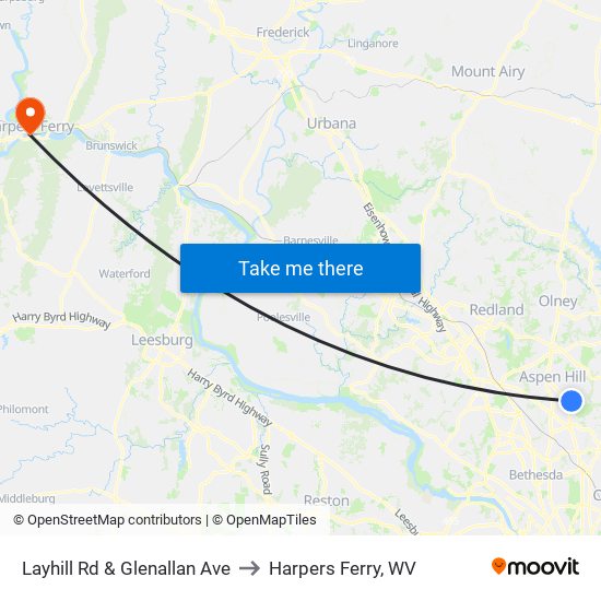 Layhill Rd & Glenallan Ave to Harpers Ferry, WV map