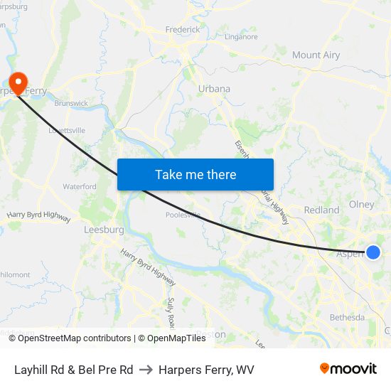 Layhill Rd & Bel Pre Rd to Harpers Ferry, WV map