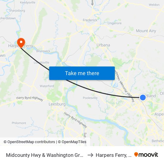 Midcounty Hwy & Washington Grove Ln to Harpers Ferry, WV map