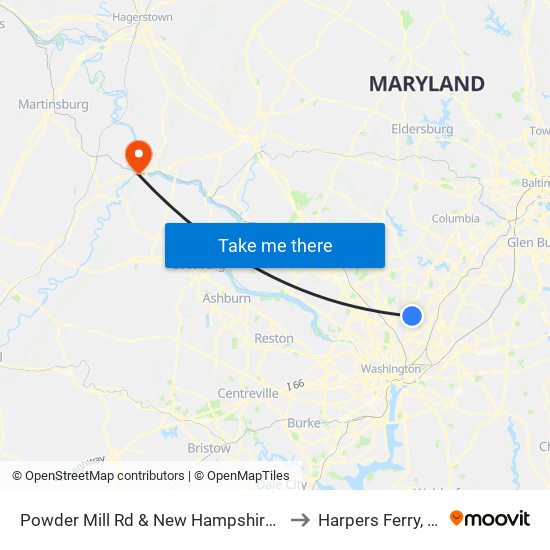 Powder Mill Rd & New Hampshire Ave to Harpers Ferry, WV map