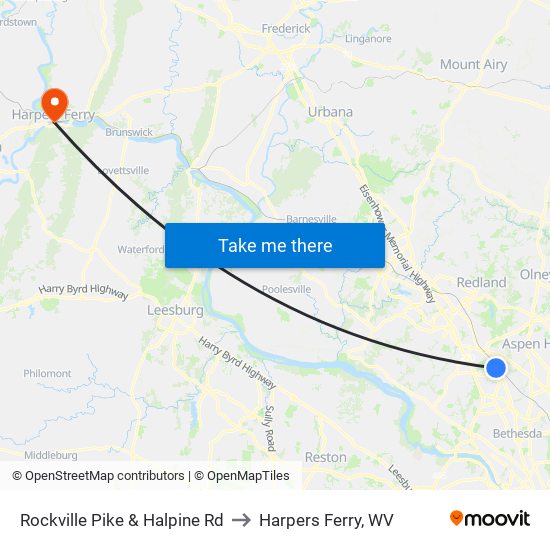 Rockville Pike & Halpine Rd to Harpers Ferry, WV map