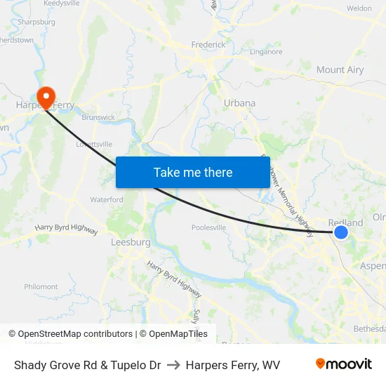 Shady Grove Rd & Tupelo Dr to Harpers Ferry, WV map