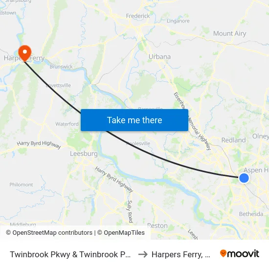 Twinbrook Pkwy & Twinbrook Park to Harpers Ferry, WV map
