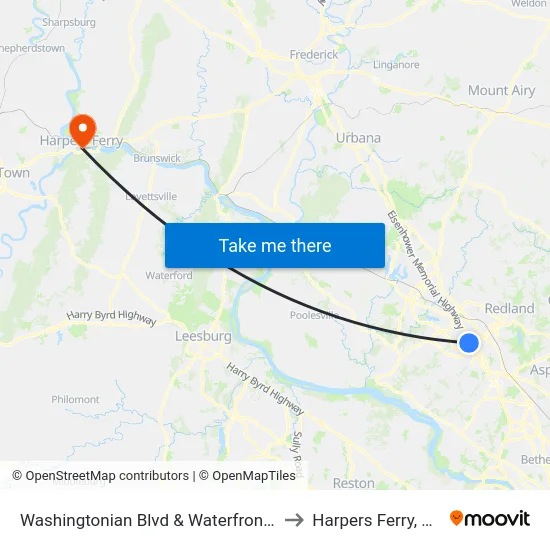 Washingtonian Blvd & Waterfront Pl to Harpers Ferry, WV map