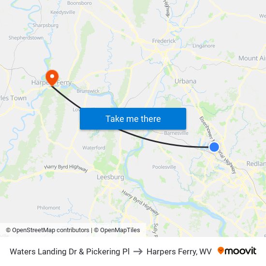 Waters Landing Dr & Pickering Pl to Harpers Ferry, WV map