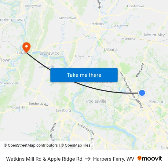 Watkins Mill Rd & Apple Ridge Rd to Harpers Ferry, WV map