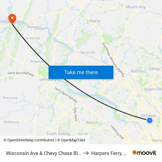 Wisconsin Ave & Chevy Chase Blvd to Harpers Ferry, WV map