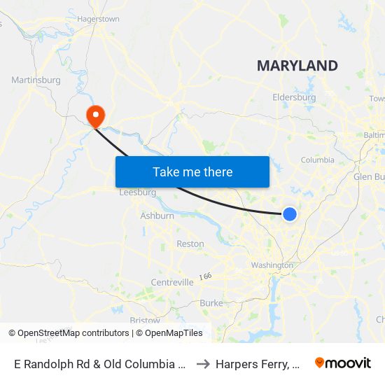 E Randolph Rd & Old Columbia Pk to Harpers Ferry, WV map