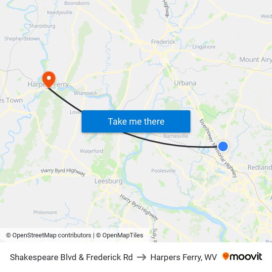 Shakespeare Blvd & Frederick Rd to Harpers Ferry, WV map