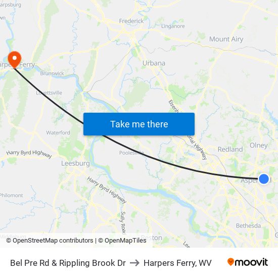 Bel Pre Rd & Rippling Brook Dr to Harpers Ferry, WV map