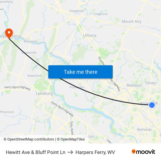 Hewitt Ave & Bluff Point Ln to Harpers Ferry, WV map