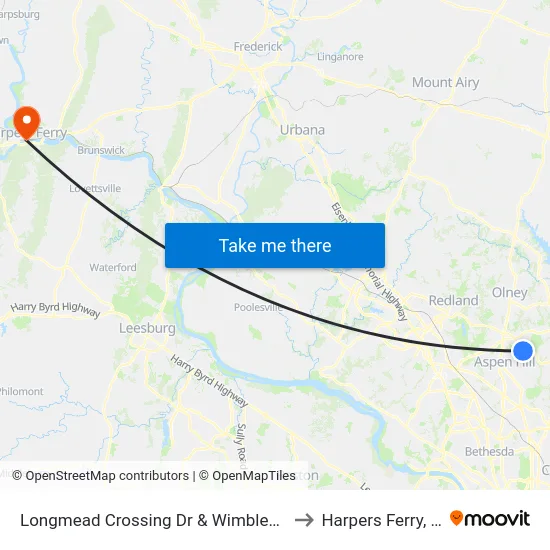Longmead Crossing Dr & Wimbledon Dr to Harpers Ferry, WV map