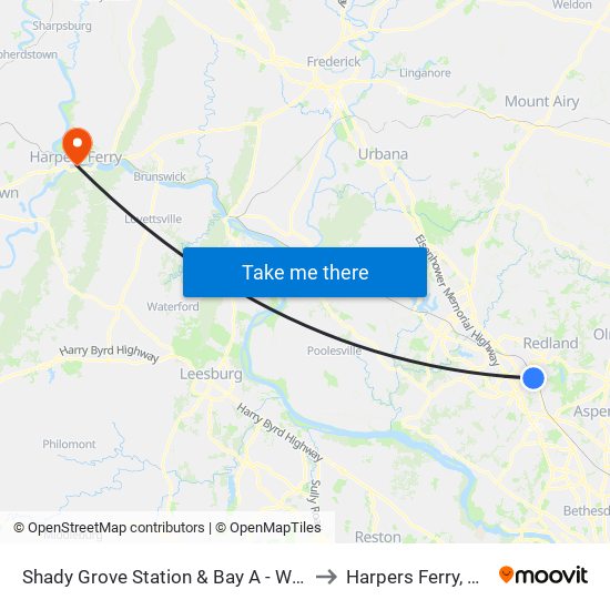 Shady Grove Station & Bay A - West to Harpers Ferry, WV map