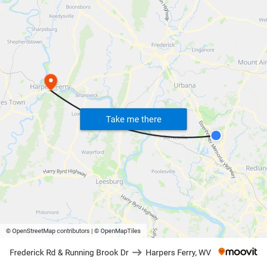 Frederick Rd & Running Brook Dr to Harpers Ferry, WV map