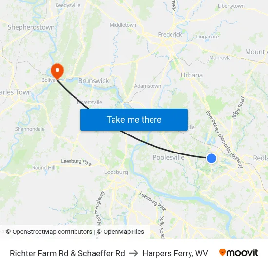 Richter Farm Rd & Schaeffer Rd to Harpers Ferry, WV map