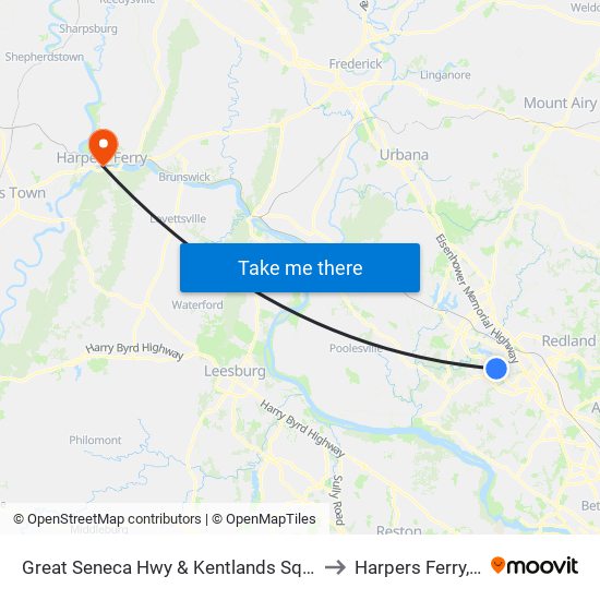 Great Seneca Hwy & Kentlands Square Sc to Harpers Ferry, WV map