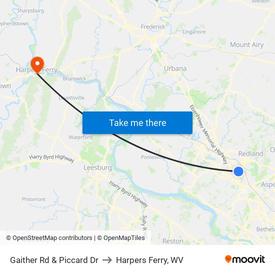 Gaither Rd & Piccard Dr to Harpers Ferry, WV map