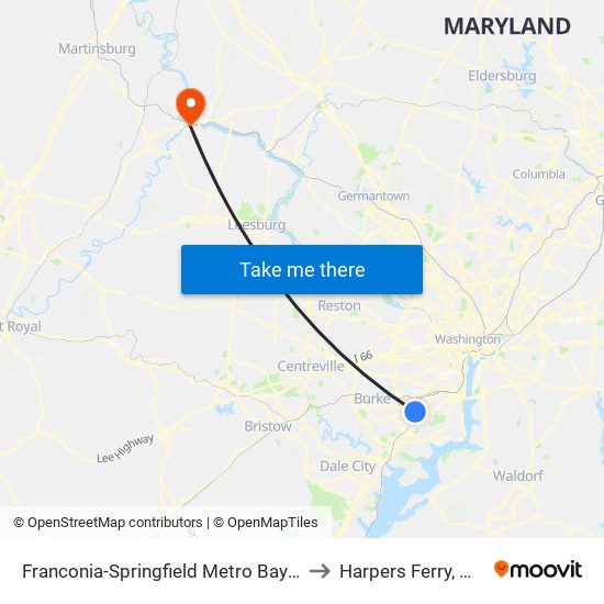 Franconia-Springfield Metro Bay H to Harpers Ferry, WV map