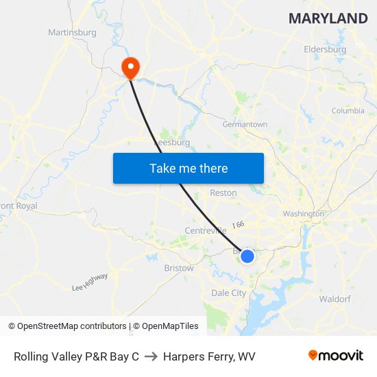 Rolling Valley P&R Bay C to Harpers Ferry, WV map