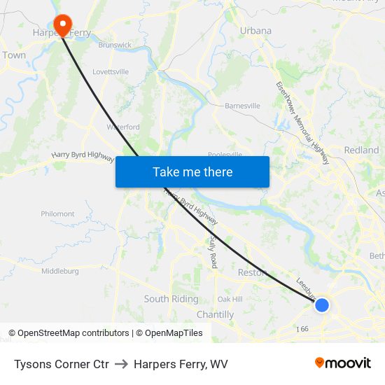 Tysons Corner Ctr to Harpers Ferry, WV map