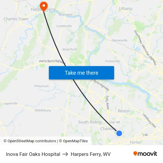Inova Fair Oaks Hospital to Harpers Ferry, WV map