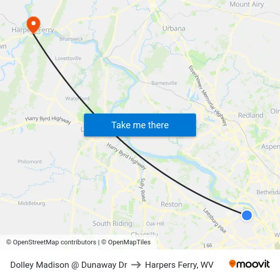 Dolley Madison @ Dunaway Dr to Harpers Ferry, WV map