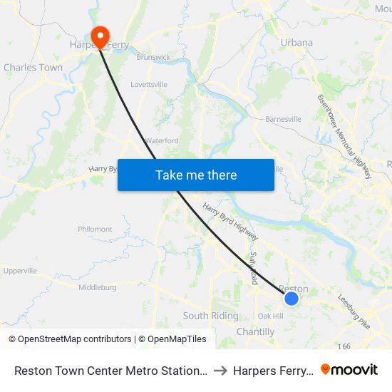 Reston Town Center Metro Station S Bay B to Harpers Ferry, WV map