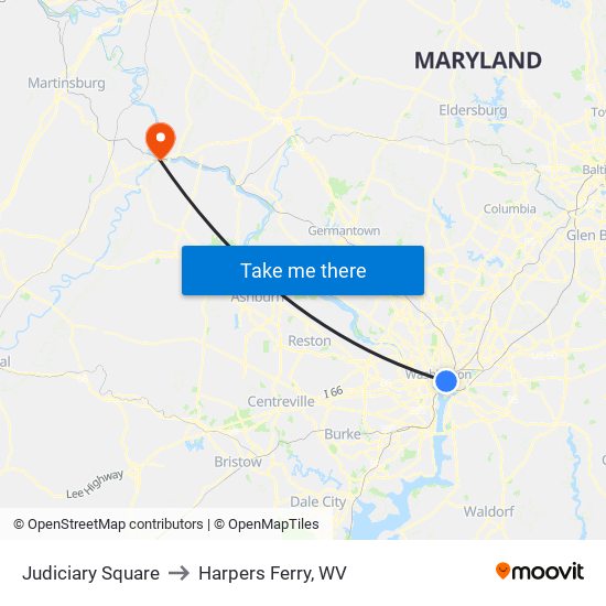 Judiciary Square to Harpers Ferry, WV map