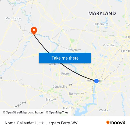 Noma-Gallaudet U to Harpers Ferry, WV map