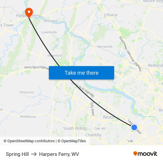Spring Hill to Harpers Ferry, WV map