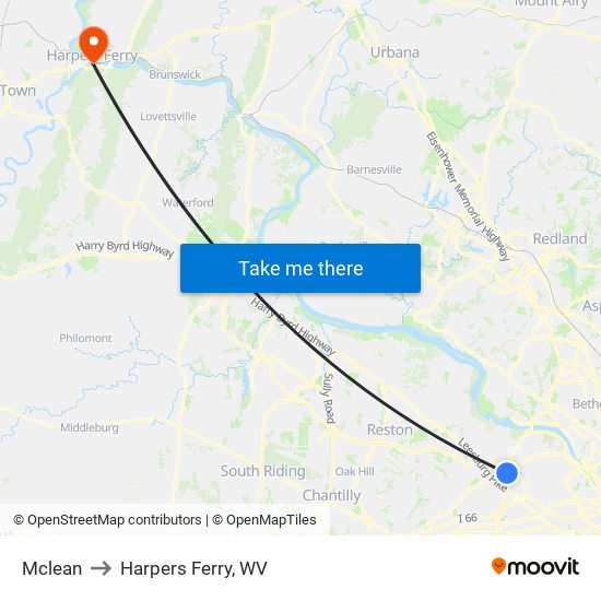 Mclean to Harpers Ferry, WV map