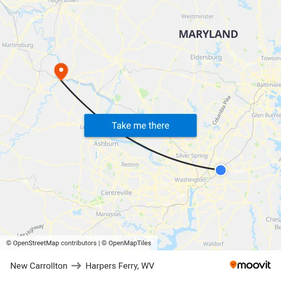 New Carrollton to Harpers Ferry, WV map