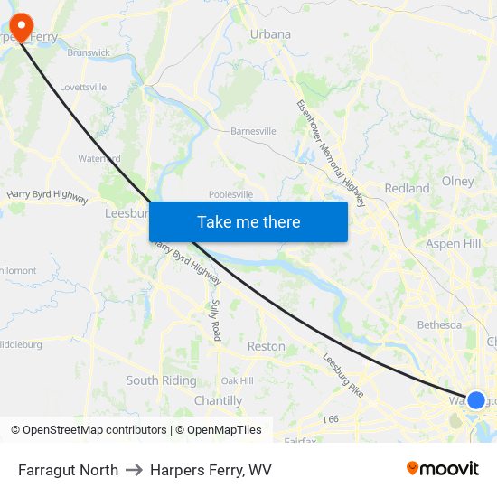 Farragut North to Harpers Ferry, WV map