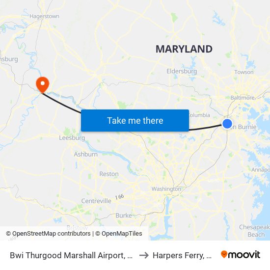 Bwi Thurgood Marshall  Airport, Md to Harpers Ferry, WV map