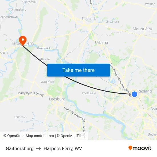 Gaithersburg to Harpers Ferry, WV map