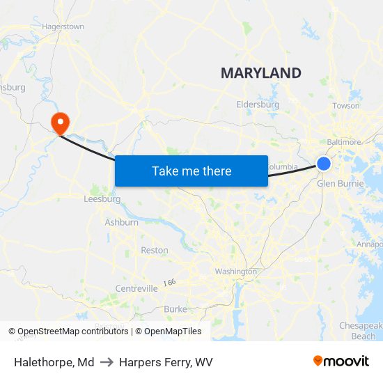 Halethorpe, Md to Harpers Ferry, WV map