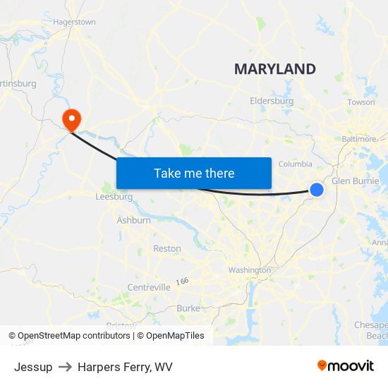 Jessup to Harpers Ferry, WV map