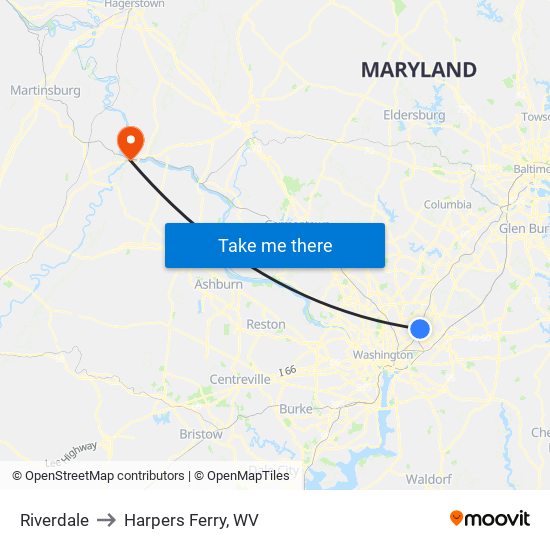 Riverdale to Harpers Ferry, WV map