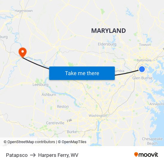 Patapsco to Harpers Ferry, WV map