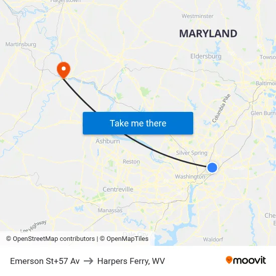 Emerson St+57 Av to Harpers Ferry, WV map