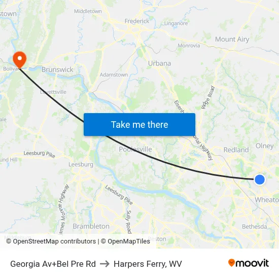 Georgia Av+Bel Pre Rd to Harpers Ferry, WV map
