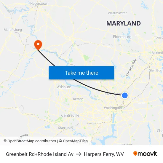 Greenbelt Rd+Rhode Island Av to Harpers Ferry, WV map