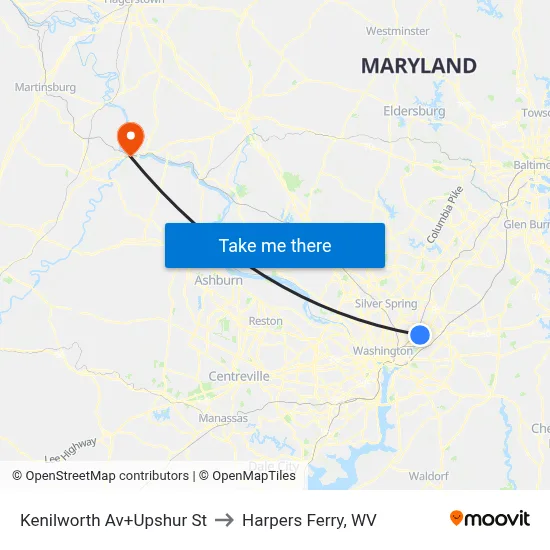 Kenilworth Av+Upshur St to Harpers Ferry, WV map