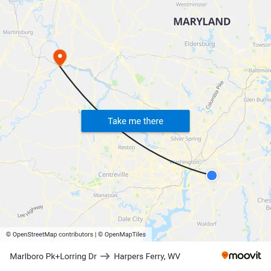 Marlboro Pk+Lorring Dr to Harpers Ferry, WV map